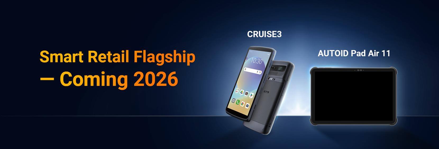 SEUIC's promotional poster for its 2026 Smart Retail Flagship products, showcasing the upcoming CRUISE3 &  AUTOID Pad Air 11