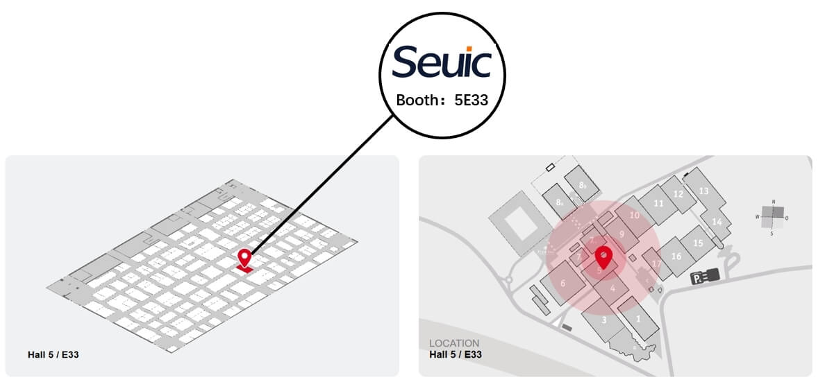 A booth location map for SEUIC, clearly indicating its exhibit position at booth 5E33 in the hall